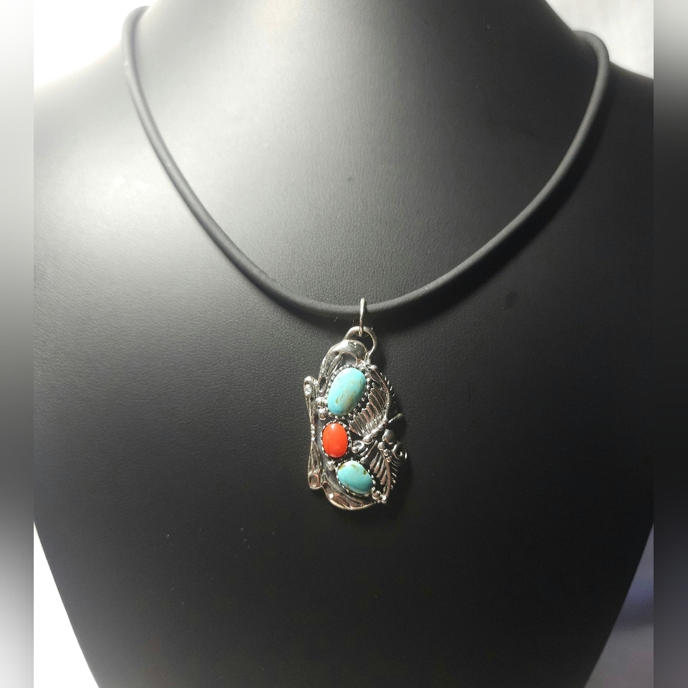 Navajo Turquoise Coral Pendant Cord Necklace